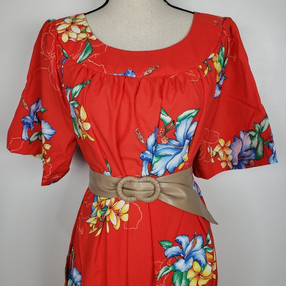 Vintage Hawaiian Red Mumu Floral Short Sleeve Maxi Dress M - Picture 5 of 16